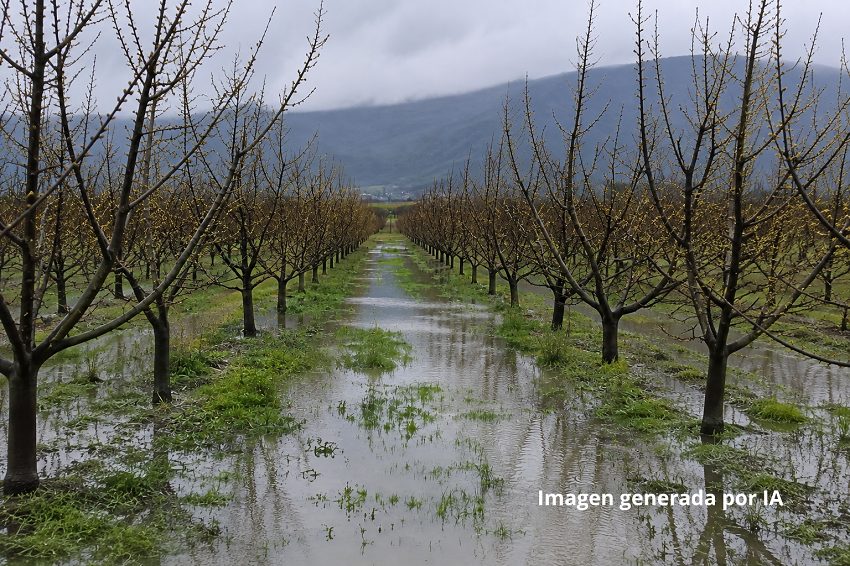 Huerto de cerezos bajo condiciones climáticas de primavera con riesgo de anegamiento.