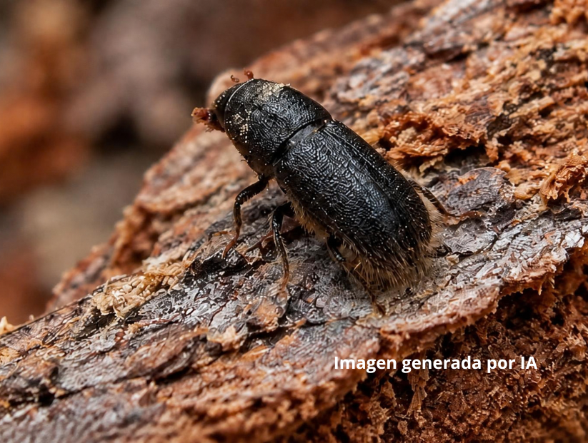 Investigadores analizando el dispositivo Lignitrap para el control del escarabajo de la corteza del pino en Chile.