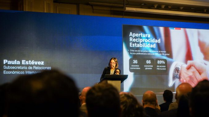 La subsecretaria de Relaciones Económicas Internacionales Paula Estévez exponiendo sobre comercio global en evento de CSAV